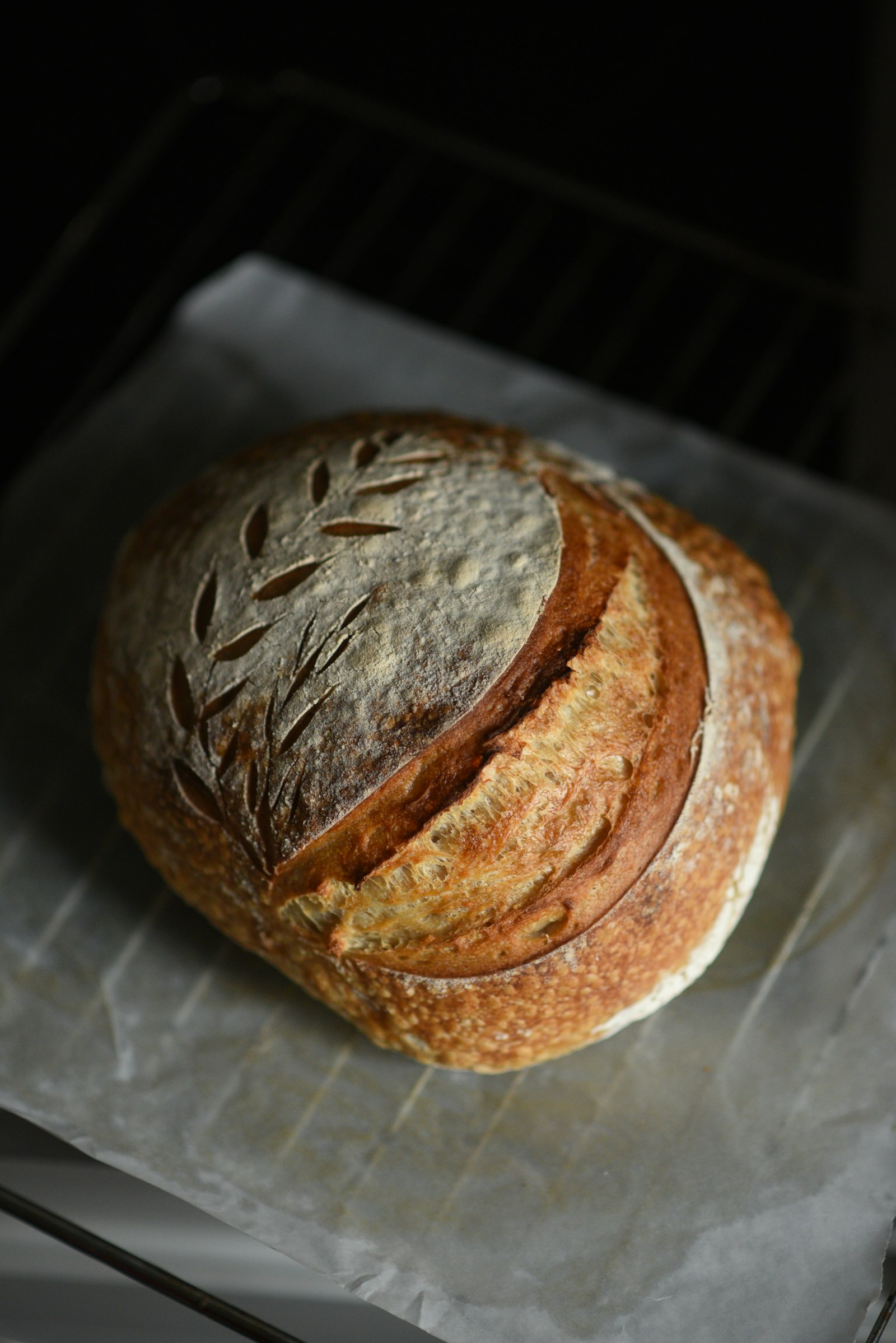 A naturally fermented sourdough loaf with a hand-scored wheat design, fresh from the oven at The Sourdough Mill